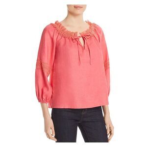 LE GALI Womens Pink Lace Trim 3/4 Sleeve Tie Neck Top Size: L